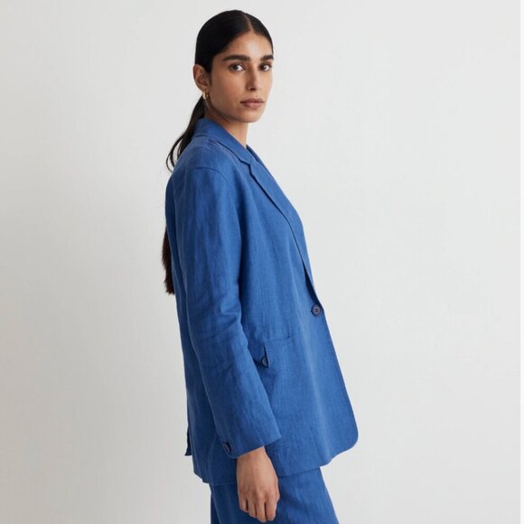 Madewell Blazer Jacket Coat Double Breasted Crossover Pure Linen Blue New Large - Picture 3 of 10